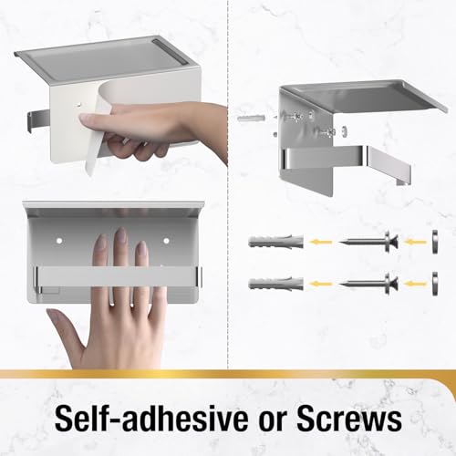 HITSLAM Brushed Nickel Toilet Paper Holder with Phone Shelf, Adhesive or Screw Wall Mount Toilet Paper Roll Holder, Rustproof Stainless Steel Toilet Tissue Holder for Bathroom, Kitchen - color: Brushed Nickel