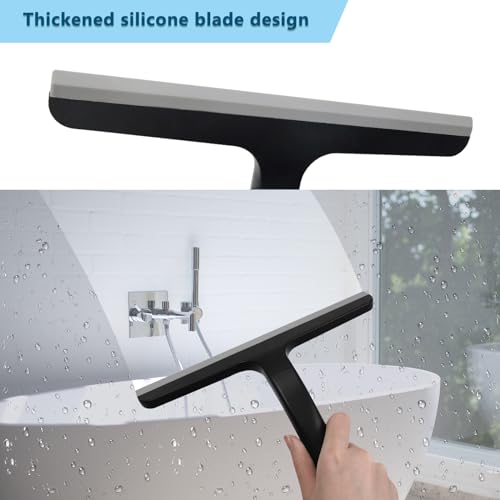 Daily Treasures 2PCS Rubber Squeegee for Shower Glass Door - Black Shower Squeegee with Hook and Small Squeegee, Extended 8.6'' Handle, for Car Windows, Tiles, Mirror and Bathroom Doors