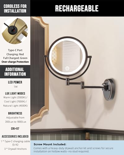 10" Brass Large Wall Mounted Makeup Mirror with Extension Arm Lighting | Rechargeable 1/5X Double-Sided 3 Color Touch Dimmable Antique Swing Arm 360 Rotation for Bathroom, Oil Rubbed Bronze - color: Oil Rubbed Bronze
