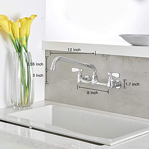 Wall Mount Kitchen Faucet with 12 Inch Swivel Spout, Chrome | Lead-Free Brass,Dual Handle Hot/Cold,8" Center,3 Compartment Commercial Faucet for Kitchen Laundry Room Restaurant - size: 12 Inch