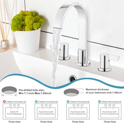 Midanya 8 Inch Widespread Bathroom Sink Faucet 3 Hole,Polish Chrome | Waterfall Swivel Spout,2 Handle,SUS304,with Pop Up Drain,cUPC 24" Water Hose,for 6-16” hole distance vanity,RV,Farmhouse Sink - color: Chrome