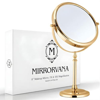Double Sided 10X/1X Magnifying Makeup Mirror, 8" x 15" (Gold) | The Ideal Present! Large Double-Sided Design with Stand, Elegant Vanity Piece for Dressing Table, Bedroom & Beauty Routines - color: Gold