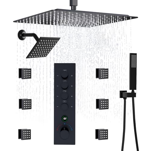 Full Body Dual Heads Rain Shower System with Jets Can Run Together | Matte Black 4-way Thermostatic Digital Shower Faucets Set, 12" + 6" Tilted Shower + 6 Body Sprays + Handheld - color: Matte Black, style: 12” + 6" + 6 Jets