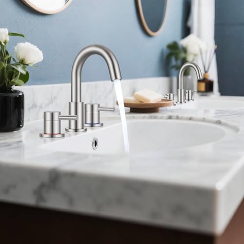 FGKQ 3-Hole 2-Handle Widespread Bathroom Sink Faucet, Brushed Nickel | Stainless steel, pop-up drain included, 360°swivel spout, for vanity sink 3-hole mount, 8-in widespread - color: 1-Brushed Nickel