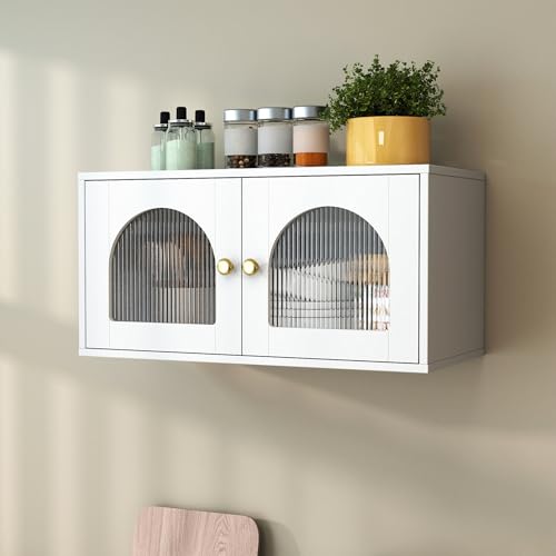 White Wall Mounted Cabinet, Glass Door Floating Bathroom Kitchen Organizer | Heavy-duty premium tempered glass panelling、Fixed internal shelves for wobble-free stability