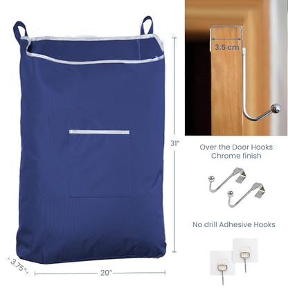 Fine Living Co. Large Hanging Laundry Hamper with Over Door Hooks & Adhesive, Durable Space Saving Laundry Bag with Zipper and Wide Open Top, Hanging Dorm Laundry Hamper (Navy Blue-XL) | Hanging Dorm Laundry Hamper with Over Door Hooks & Adhesive, Durable