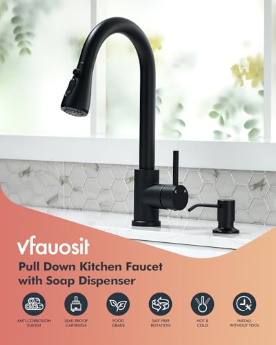 VFAUOSIT Kitchen Faucet with Pull Down Sprayer and Soap Dispenser, Black | 3 Spray Modes, 19.5-Inch Pull-Out Hose, 360° Swivel, cUPC/CEC Certified, SUS304 Steel, 15-Minute DIY Installation - color: Matte Black-06