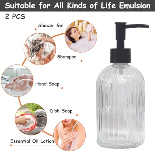YYTSGG Clear Glass Soap Dispenser with Pump, 2 Pack 13.5oz, Vertical Stripe | Bathroom Soap Dispenser for Hand Wash and Dish Wash, Elegant Refillable Hand Dispenser for Dishwashing Liquid, Lotion - color: Clear