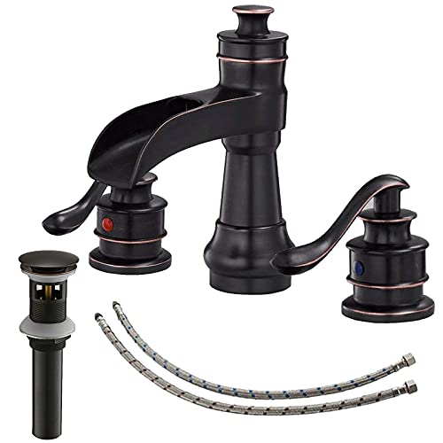 Bathroom Sink Faucet Waterfall 3 Hole or 8 Inch Widespread Tap | Oil Rubbed Bronze,Brass,Dual Handle,Easy to Clean,Simple Installation,Pop-up Drain,Supply Line,Control of Hot and Cold Water - color: Oil Rubbed Bronze