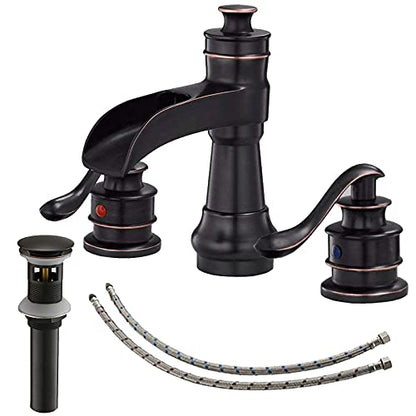 Bathroom Sink Faucet Waterfall 3 Hole or 8 Inch Widespread Tap | Oil Rubbed Bronze,Brass,Dual Handle,Easy to Clean,Simple Installation,Pop-up Drain,Supply Line,Control of Hot and Cold Water - color: Oil Rubbed Bronze