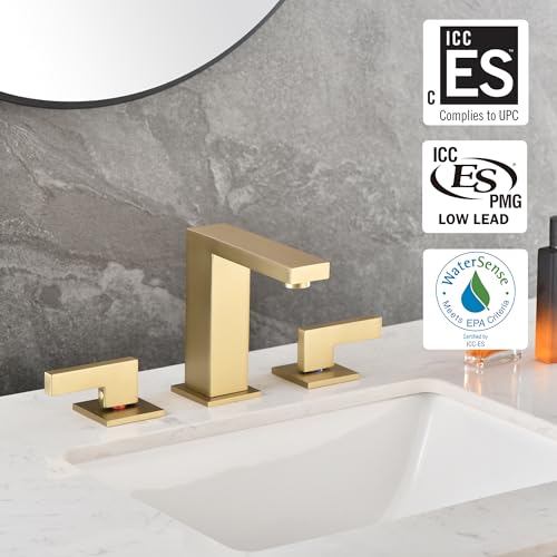sumerain Brushed Gold 8 Inch Widespread Bathroom Faucet 2 Handle Lavatory Faucet Solid Brass, with Quick Connect Hose - color: Brushed Gold