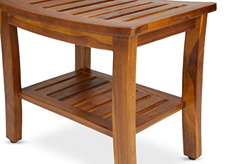 Teakcraft Teak Shower Bench & Stool for Inside Shower, 21", Fully Assembled | Patented, Waterproof solid teak, holds 350 lbs. Non-slip feet. Spa bath seat for elderly, leg shaving, sauna, outdoor