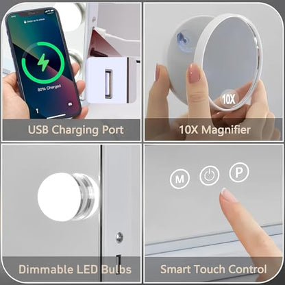 Hollywood Vanity Mirror with Lights, Lighted Makeup Mirror with 10X Magnification, Vanity Makeup Mirrors with Lights, USB Charging Port Touch Control, 14 LED Bulbs 3 Lighting Modes