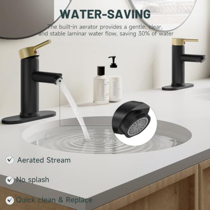Bathroom Faucet for 1 or 3 Holes, Black and Gold, Brass | Single Handle Bathroom Sink Faucets, Modern Commercial Lavatory Vanity Faucet,with Deck Plate and Supply Line, Pop Up Drain - color: Black & Gold