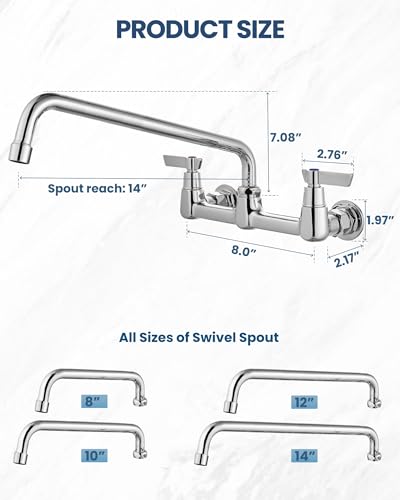 Airuida 8 Inch Chrome Polish Wall Mounted Kitchen Faucet with 14 Inch Spout | Commercial Sink Faucet,Dual Handles,Utility Sink Faucet,360° Swivel Spout - size: 14 Inches Spout