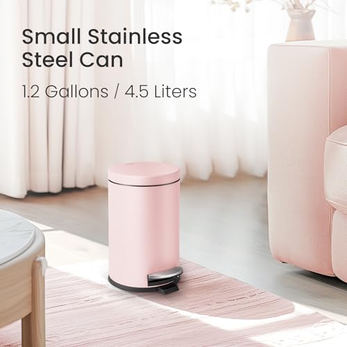 Cesun Small Round Bathroom Trash Can with Lid Soft Close, 1.2 Gal, Pink | Removable Inner Bucket, Stainless Steel Garbage Can for Bedroom/Office, Hands-Free Step Pedal, Fingerprint-Resistant - color: Pink