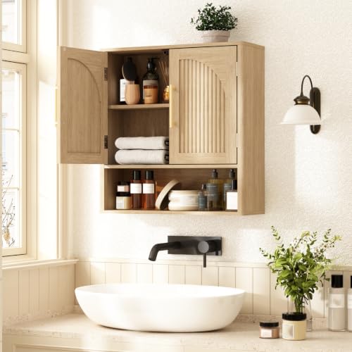 RUSTOWN Fluted Bathroom Wall Cabinet with Arched Doors & Rounded Edges | Over The Toilet Storage Cabinet with Adjustable Shelf, Mid Century Modern Medicine Cabinets, Laundry & Kitchen Shelving Unit - color: Natural Oak