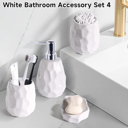 Ceramic Bathroom Accessories Set 4 PCS,Include 16 oz Soap Dispenser,Toothbrush Holder,Tumbler,Soap Dish,Textured Bathroom Counter Set (White) - color: White Ceramic 4 Pcs