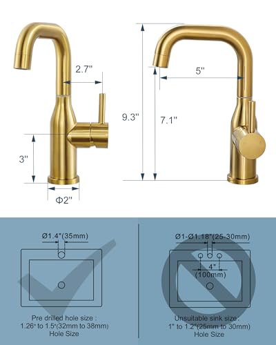 Bar Sink Faucet Single Hole: ARCORA Brushed Gold Wet Bar Faucets - Prep Sink Faucet 360 Swivel - Small Kitchen Bathroom Faucet with cUPC Supply Lines - color: Brushed Gold