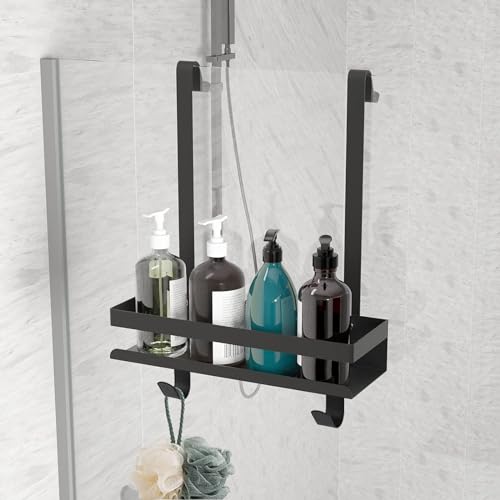 Black Shower Caddy Hanging Shower Caddy Stainless Steel Organizer Bathroom Shower Shelf Over Door No Drilling,Black,1 Tier - size: 1 tier