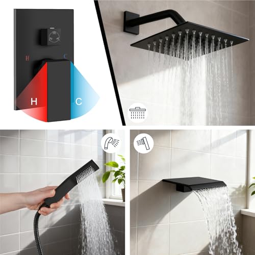 Midanya Shower System with Tub Spout,Bathtub Shower Faucet Set with Square Rainfall Head and Handheld Sprayer Wall Mount Tub Faucet Set with Valve and Trim Kit,8 Inch Matte Black - color: Matte Black, size: 8 Inch