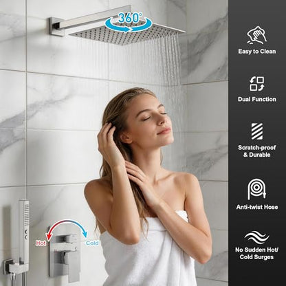 Rain Shower System, 8''Rain Head,2-Spray Handheld,Brushed Nickel | 2 Spray Functions,Anti-Tangle Explosion-proof PVD Hose,Balance Temp Valve,Rust-proof & Scratch-resistant - color: Brushed Nickel, size: 8 Inch