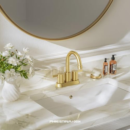 Phiestina Brushed Gold 4 Inch 2 Handle Centerset Lead-Free Bathroom Faucet 2 Pack, Swivel Spout with Copper Pop Up Drain and 2 Water Supply Lines,BF15-1-BG-2PACK - color: Brushed Gold-2pack