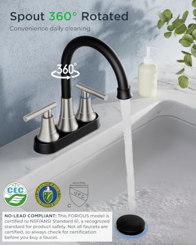 FORIOUS Black and Brushed Nickel Bathroom Faucet 4 Inch Centerset, Rv Sink | 8 Inch Widespread Bathroom Faucet 3 hole Vanity and 4 Inch Bathroom Faucet Centerset 2 Hole for B2B Commercial, Spare Aerator - color: Black&Stainless Steel, style: Classic