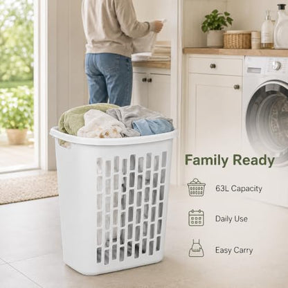 Large Plastic Laundry Hamper, White, Slim Rectangular(2-Pack) | Reinforced Handles, Space-Saving Design, 20x13x24 Inches, Durable Construction, For Bathroom & Dorm, Ventilated,