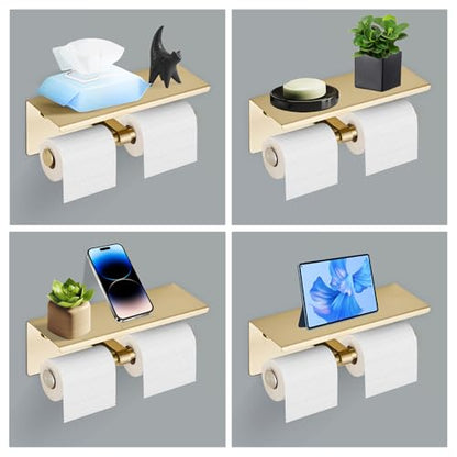 Brushed Gold Double Paper Holder with Shelf, Bathroom Toilet Roll Holder | Wall Mounted SUS 304 Stainless Steel Toilet Tissue Holder YIGUANXIN - color: Gold