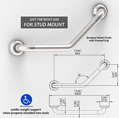 1-1/4 x 16 Stainless Steel Angled Grab Bar with Anti-Slip Peened Grip for Bathtubs, Shower & Toilet, ADA Compliant, Stud Mount 500lbs Support, Brushed Nickel