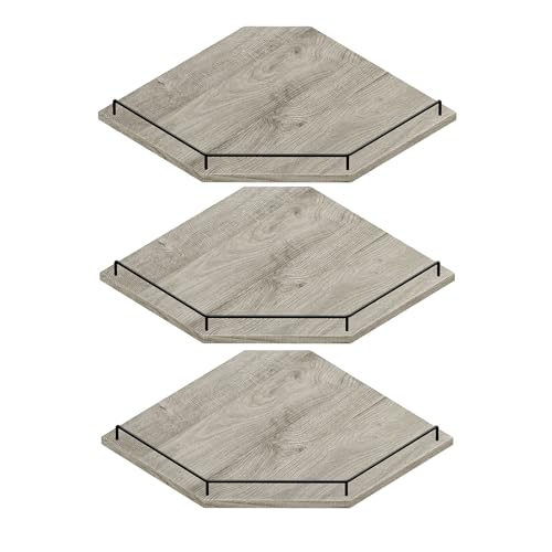 JJL Corner Shelf Wall Mounted, 12 Inches 3-Tier Floating Corner Shelf, Hexagon Rustic Wood Decor with Fence, Gray Wood Grain Floating Shelves for Apartment Bedroom Kitchen Bathroom - color: Gray Wood, size: Hex 3-Tier