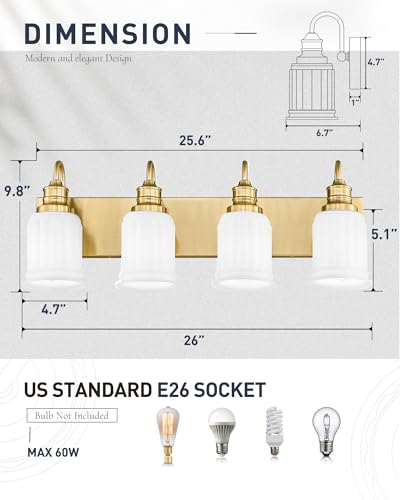 Bathroom Light Fixtures 4-Lights, HWH Brushed Gold Vanity Light Modern Bathroom Vanity Lights Over Mirror, 26'' Antique Brass Vanity Light with Frosted White Bell-Shaped Fluted Glass, 5HZG106B-4W BG - color: Brushed Gold, size: 4-Light