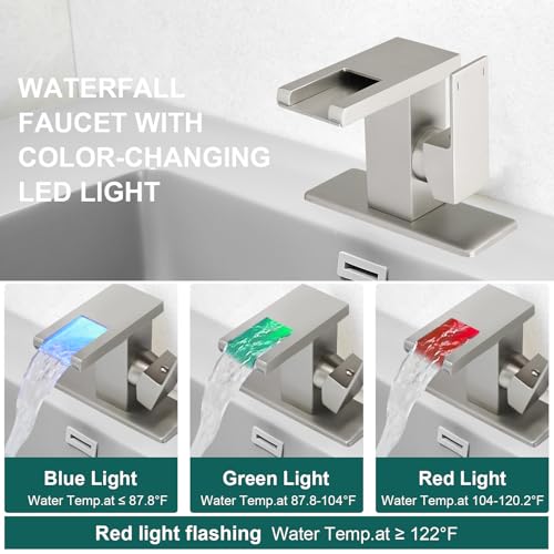 Hoimpro LED Bathroom Faucet, Single Handle Sink Faucets Brushed Nickel | Waterfall Widespread Faucet, 3 Colors Light Changing, with Pop-up Drain & cUPC Supply Lines, for Sink Vanity RV Restroom - color: Brushed Nickel