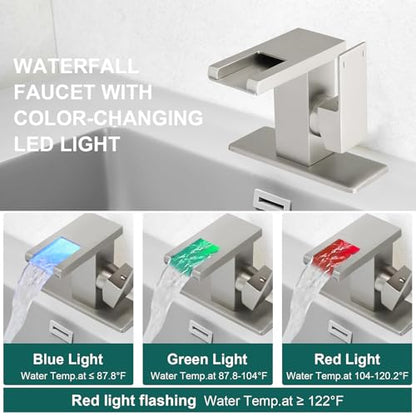 Hoimpro LED Bathroom Faucet, Single Handle Sink Faucets Brushed Nickel | Waterfall Widespread Faucet, 3 Colors Light Changing, with Pop-up Drain & cUPC Supply Lines, for Sink Vanity RV Restroom - color: Brushed Nickel