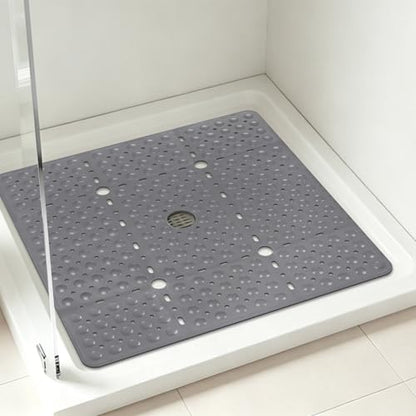 ZOESOE Square Shower Mat Non Slip: 27 x 27 Inches Large Shower Mats for Inside Shower, Soft TPE Shower Floor Mat with Suction Cups and Drain Holes, Machine Washable - color: Grey