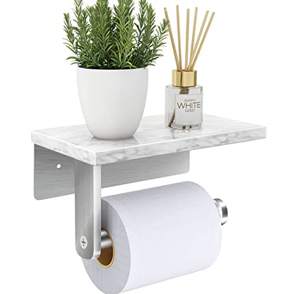 Gypie Toilet Paper Holder with Marble Shelf, Wall Mounted Brushed Nickel | Stainless Steel Tissue Roll Paper Holder Dispenser for Bathroom Washroom - color: Brushed Nickel
