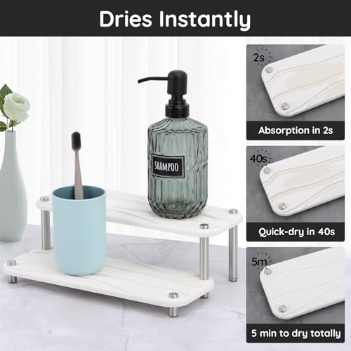 Segbeauty 2 Tier Fast Dry Diatomaceous Vanity Tray, 11x4.3in Water Absorbing Stone Drying Tray, Quick Drying Bathroom Counter Dish Soap Dispenser Rack, Kitchen Counter Sink Organizer Sponge Holder - color: White