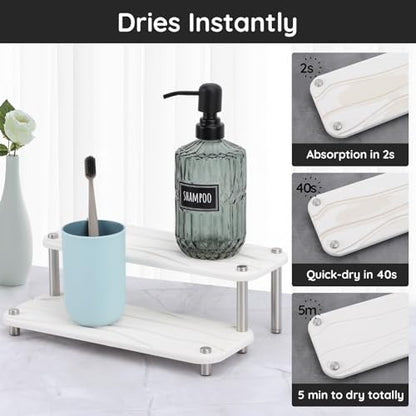 Segbeauty 2 Tier Fast Dry Diatomaceous Vanity Tray, 11x4.3in Water Absorbing Stone Drying Tray, Quick Drying Bathroom Counter Dish Soap Dispenser Rack, Kitchen Counter Sink Organizer Sponge Holder - color: White