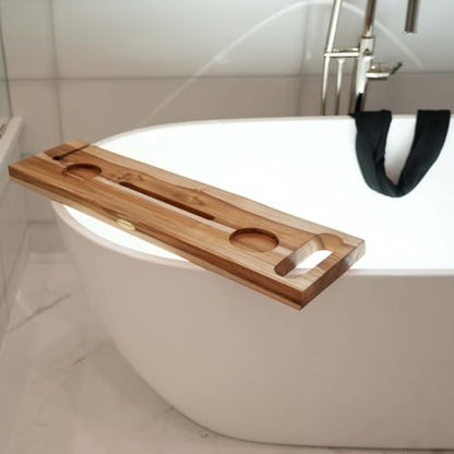 EcoDecors Eleganto 30" Live Edge Solid Teak Bath Caddy Tray with Handle, Book & Tablet Holder, Wine Glass Holders, Luxury Bathtub Tray - style: 30" Live Edge