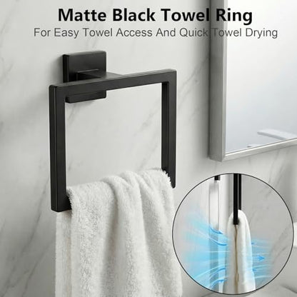 Tudoccy 5-Pieces Matte Black Bathroom Accessories Set, Bathroom Hardware Set SUS304 Stainless Steel Rustproof Wall Mounted - Includes 16" Hand Towel Bar, Toilet Paper Holder with Shelf, Towel Hooks | Rustproof Wall-mounted Hand Towel Bar, Roilet Paper Hol