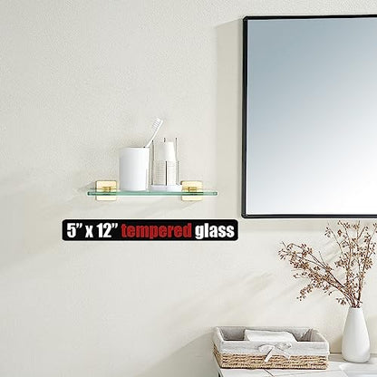 JQK Bathroom Glass Shelf Gold, Tempered Glass Shower Storage 12 by 5 inches, 304 Stainless Steel Brushed Gold Wall Mount, TGS201L12-BG - color: Brushed Gold, size: 12 Inch