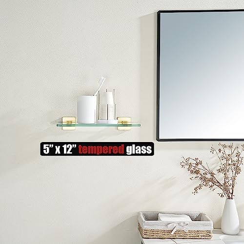 JQK Bathroom Glass Shelf, Floating Tempered Glass Shower Storage 12 by 5 inches, 304 Stainless Steel Brushed Gold Wall Mount 2 Pack, TGS201L12-BG-P2 - color: Brushed Gold, size: 12 Inch(2 Pack)