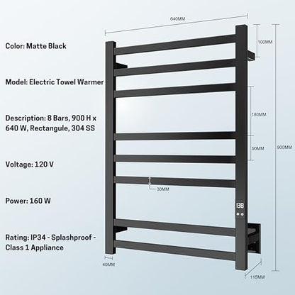 Heated Towel Rack, 8-Bar Wall Mount, Matte Black Stainless Steel | 304 stainless steel, 115-155°F adjustable, 1-24H auto shut-off timer, plug-in or hardwired, 160W, fits bath towels and robes - color: Matte Black