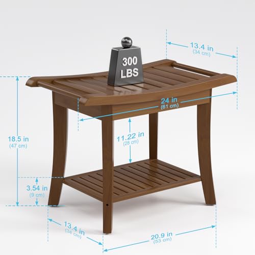 Bamboo Shower Stool Bench Waterproof with Storage Shelf for Shaving Legs or Spa Bath Seat in Bathroom & Inside Shower for Adults Seniors Elderly (24 x 13.4 x 18.5 inches+Walnut) - size: 24 x 13.4 x 18.5 inches+Walnut
