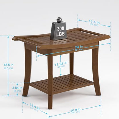 Bamboo Shower Stool Bench Waterproof with Storage Shelf for Shaving Legs or Spa Bath Seat in Bathroom & Inside Shower for Adults Seniors Elderly (24 x 13.4 x 18.5 inches+Walnut) - size: 24 x 13.4 x 18.5 inches+Walnut