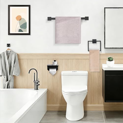 TURS Bathroom Hardware Set Black 4-Piece Towel Bar Set Include 24 Inch Towel Bar Towel Ring Towel Hook Toilet Paper Holder with Shelf Wall Mounted. - color: Matte Black, size: Set C
