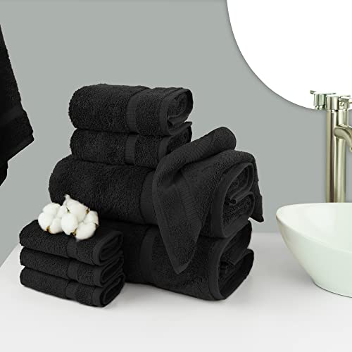 Chakir Turkish Linens Set of 8 Towel Set, 100% Cotton Luxury Turkish Towels for Bathroom, Soft Absorbent Bath Towel Set with 2 Bath Towels 2 Hand Towels 4 Washcloths, Black - color: Black