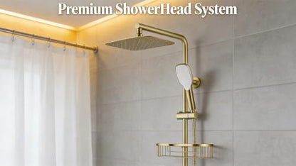 SonTiy Rain Shower Head with Handheld Spray and Shower Shelf Caddy, 12Inch Shower Head System with Height Adjustable Holder Compelete Shower Set, Brushed Gold - color: Brushed Gold, style: 1.8 Gallons Per Minute-Square