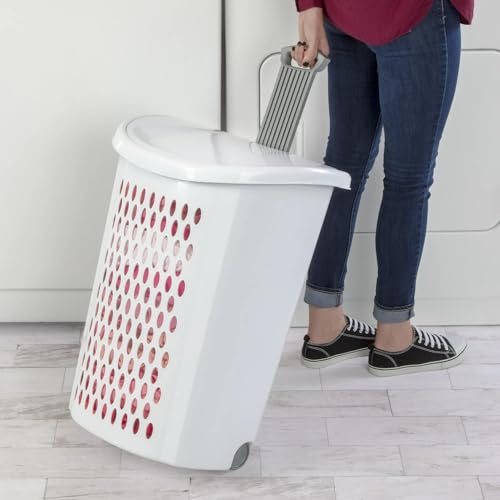 Plastic Laundry Hamper, Adult-Sized White Clothes Basket with Wheels, Large White Plastic Clothes Basket for Home, Dorm or Laundry Room